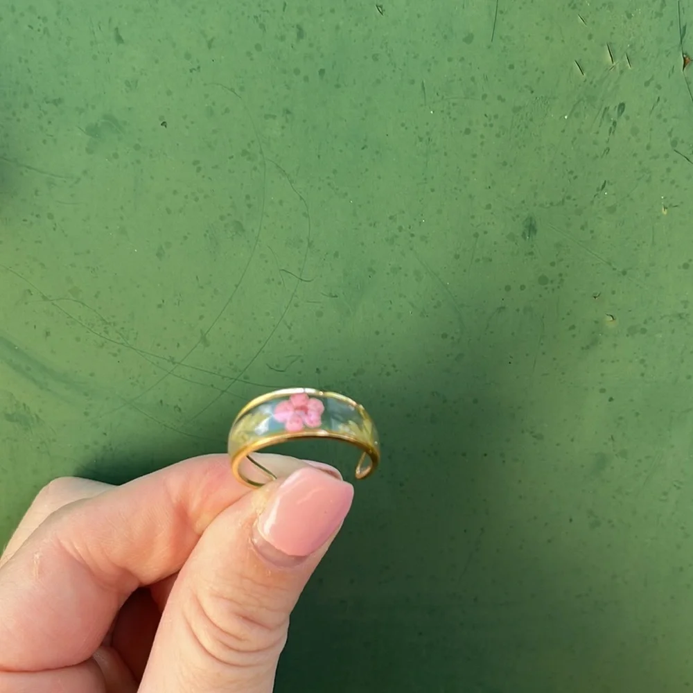 Handmade Gold Resin Hoop Earrings with Dried Pink Flowers - Picture 14 of 16